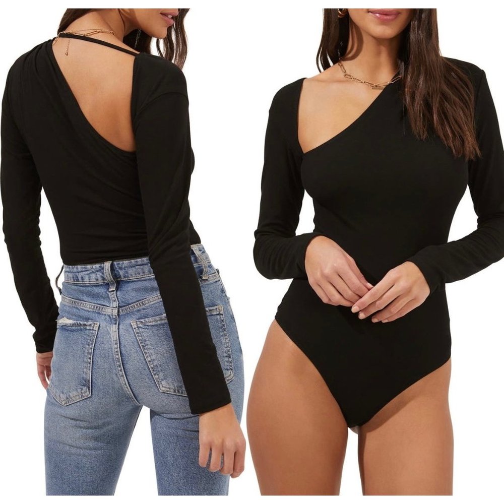ASTR The Label Della Bodysuit Womens XS Black Long Sleeve Asymmetrical Neckline